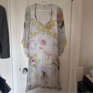 Elisa Cavaletti Pastel Watercolour Floral Semi-Sheer Lace & Beaded Accent Dress